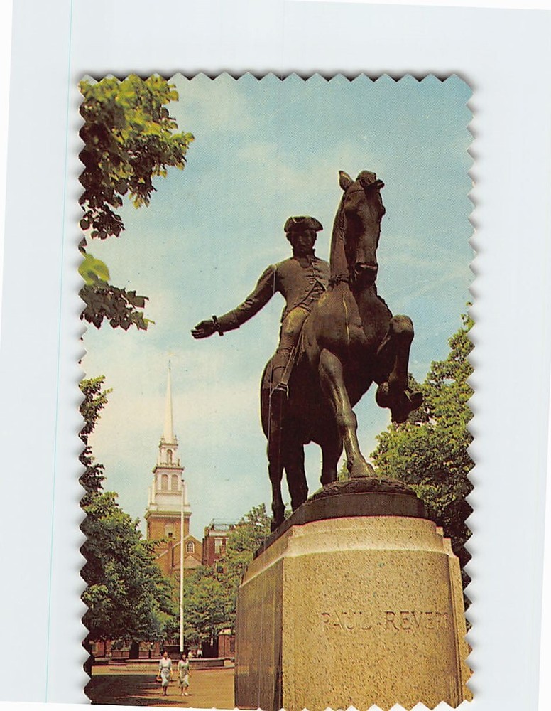 Postcard Old North Church  & Statue Of  Paul Revere Park Boston Massachusetts