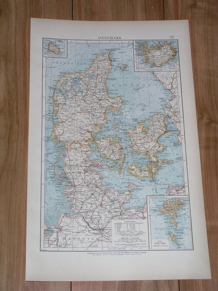1899 Antique Map Of Denmark / Schleswig Holstein Germany / Faroe Iceland