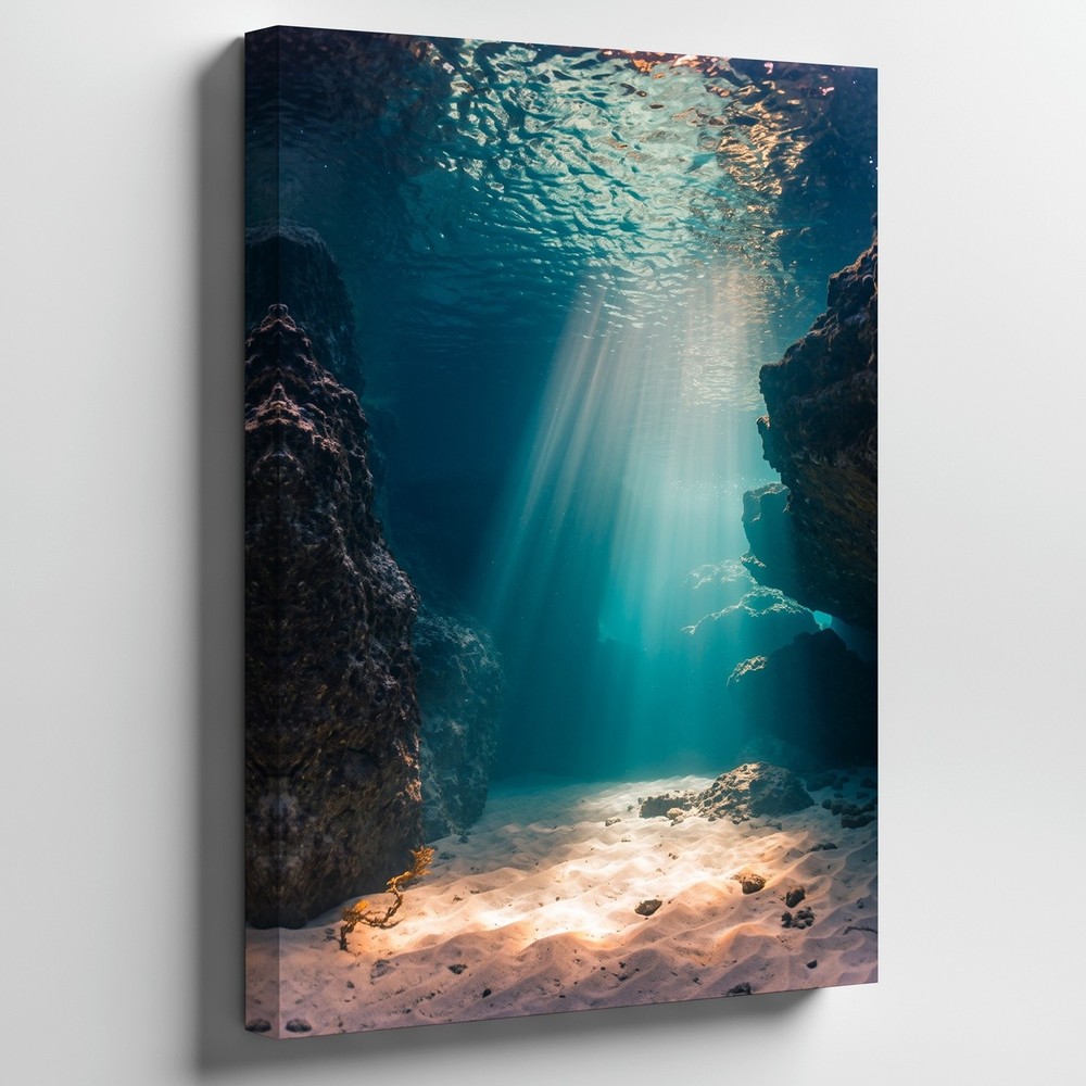 Breathtaking Underwater Cave Scene Illuminated By Ethereal Shafts Of Wall Art
