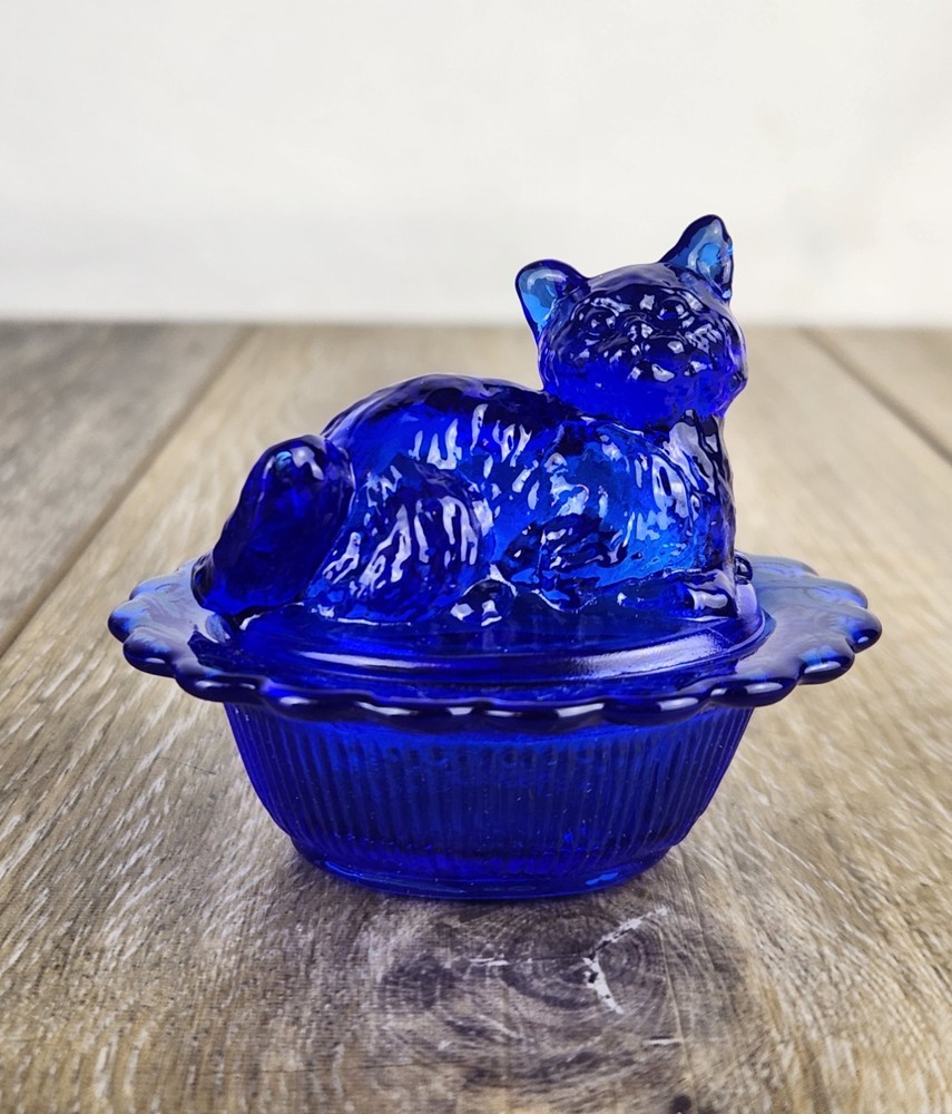 Mini Cobalt Glass Cat on Basket - Kitty Salt Cellar / Trinket Box