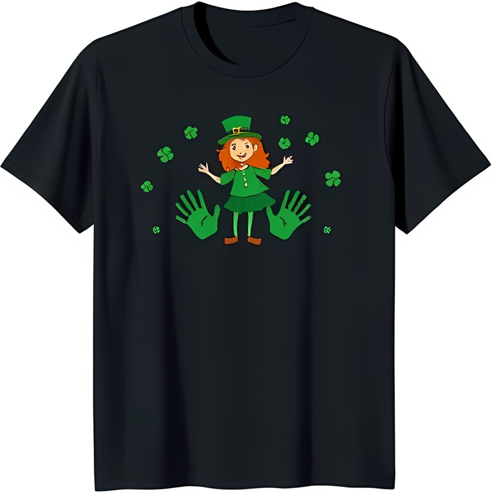 Playful Green Cartoon Leprechaun Graphic on Black T-Shirt Festive Design with