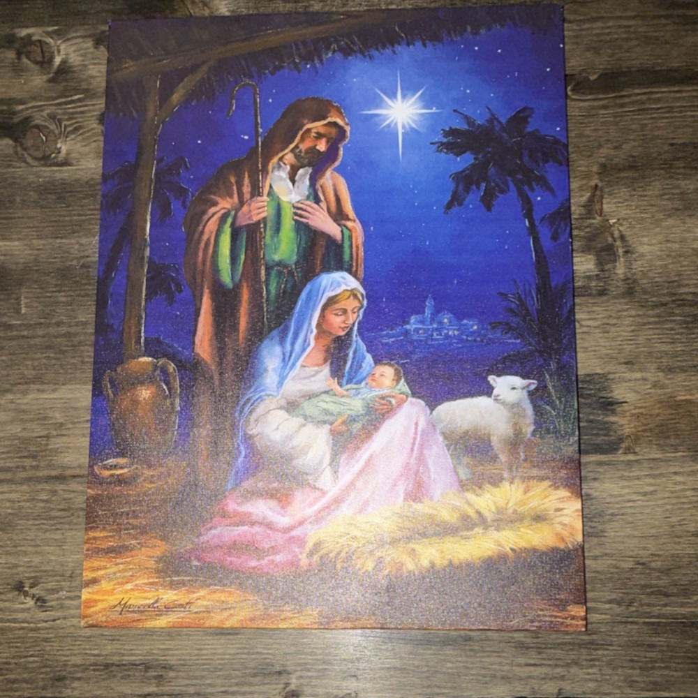 Marcella Conti Signed Nativity Scene Acrylic Painting on Light Up Canvas