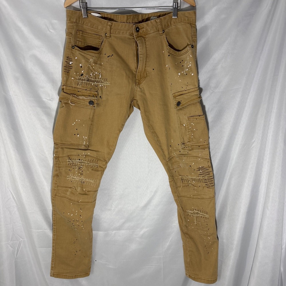 Smoke Rise Denim Cargo Pants Jeans, Tan, Mens 38x32, Distressed Paint Splatter
