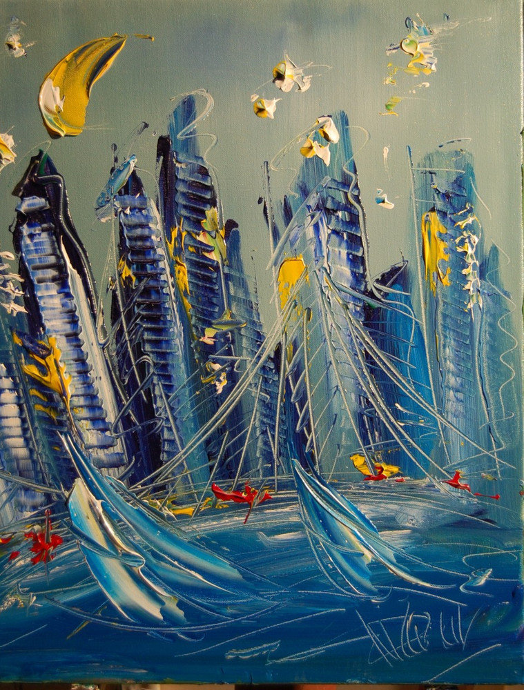 Oil Painting CITYSCAPE BLUE   abstract SIGNED  Original on canvas IMPRESSIONIST