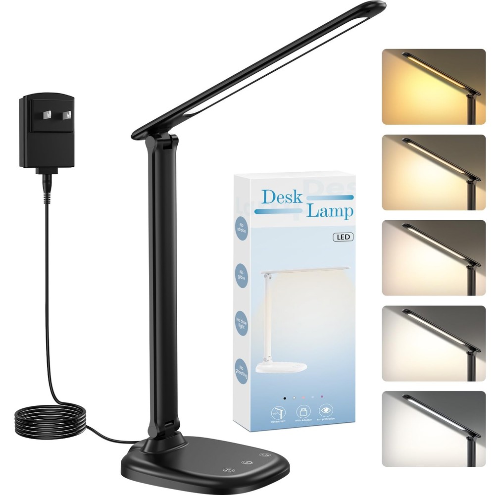 Desk Lamp with Charger, 10%-100% Stepless Dimmable & 5 Color Modes Study Lamp...