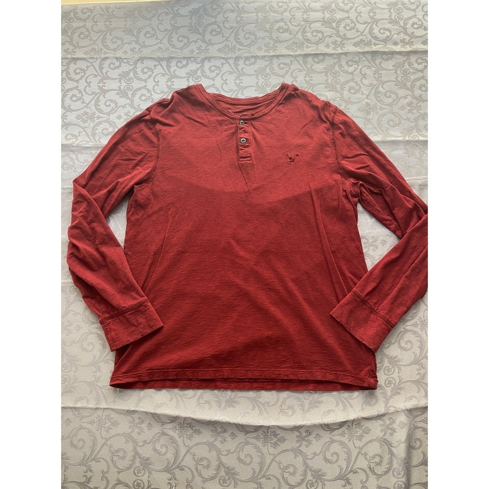 American Eagle Outfitters Mens Red Long Sleeve Henley Shirt Athletic Fit L G