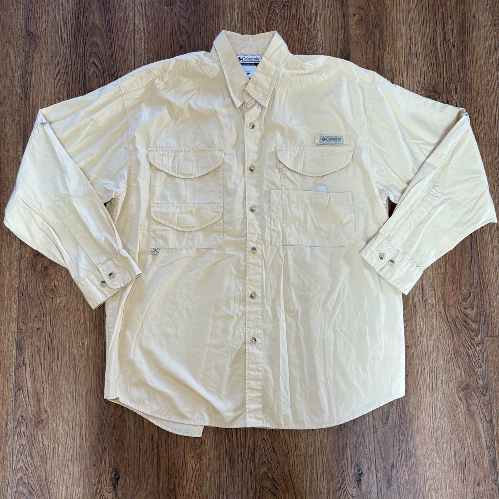 Columbia PFG Yellow Beige Long Sleeve Fishing Shirt Mens L Utility gorpcore