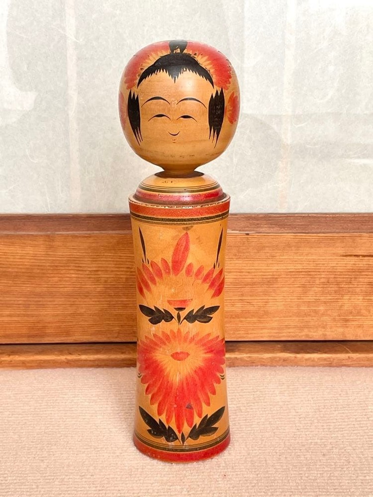 Naruko Wooden Kokeshi Doll Hand-painted Floral 30cm Retro Folk Art