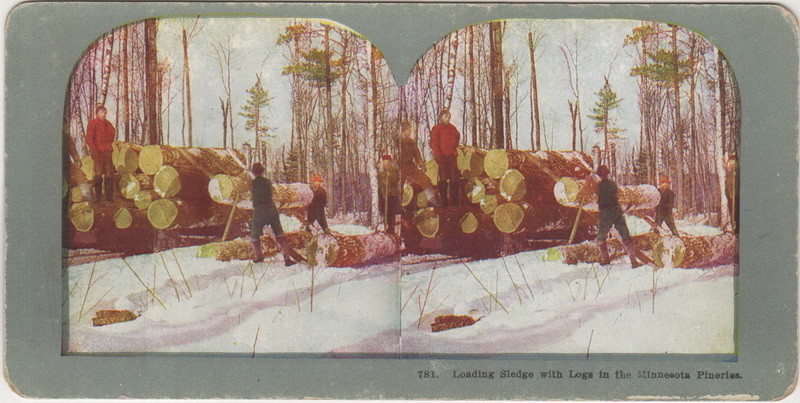 Loading Sledge With Logs in the Minnesota Pineries ca 1898 Ingersoll Stereoview