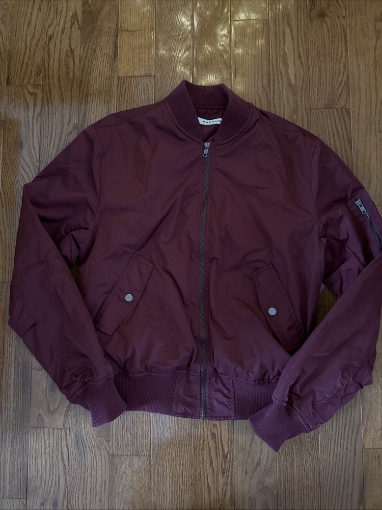 Pacsun Burgundy Satin Bomber Jacket Full Zip Elastic Waist Mens Medium