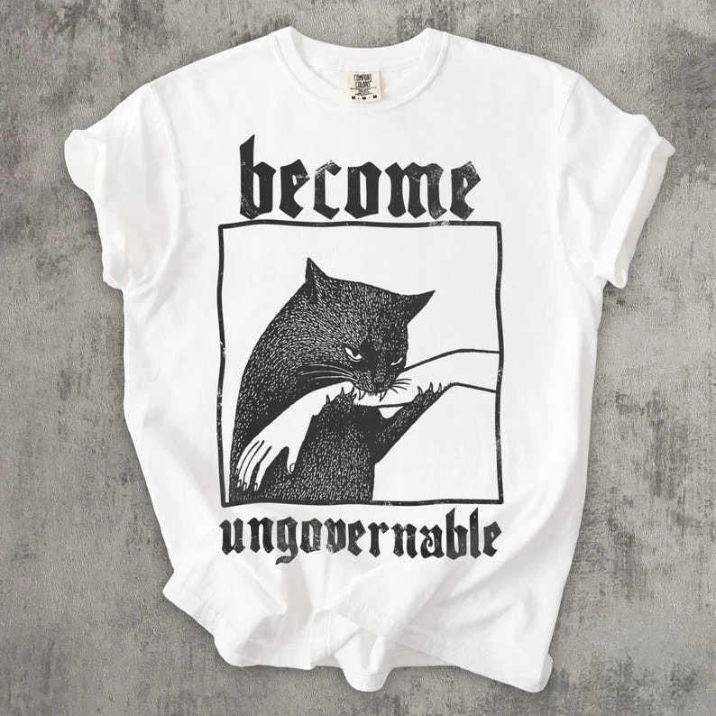 Become Ungovernable Cat Meme Shirt Biting Hand Funny Rebel Graphic Tee