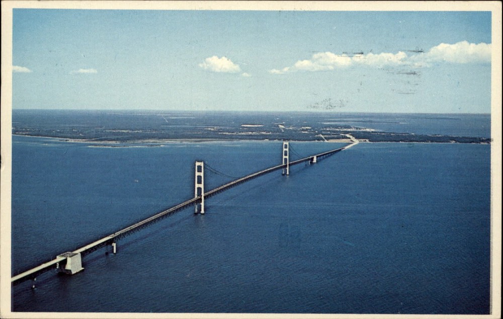 Michigan Mackinac Bridge connects peninsulas ~ 1970s postcard sku583
