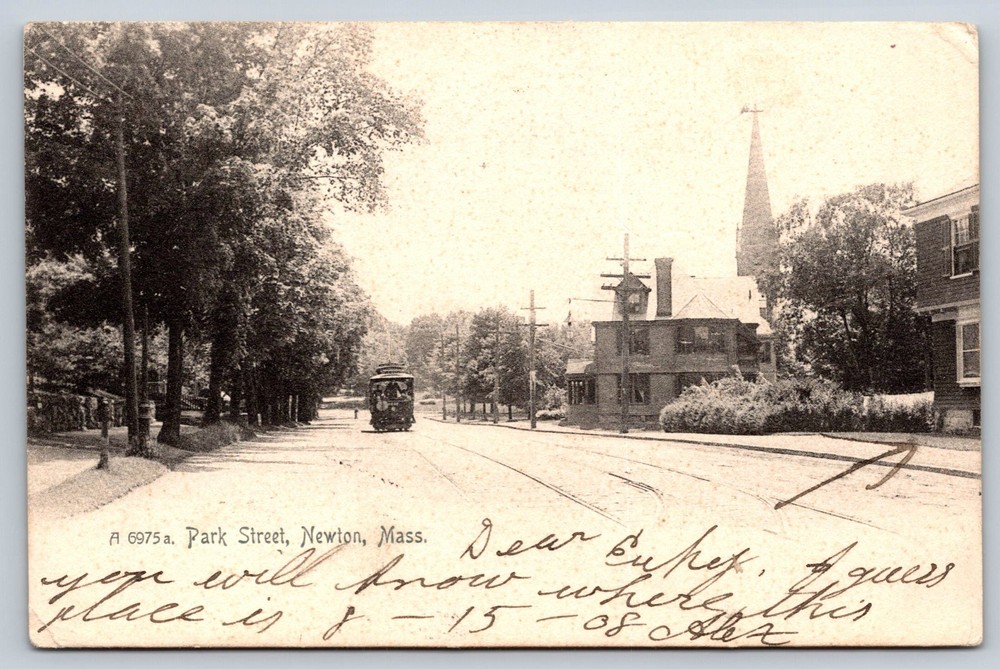 Park Street Newton Massachusetts Postcard 1908 Rotograph Street Car Trolley