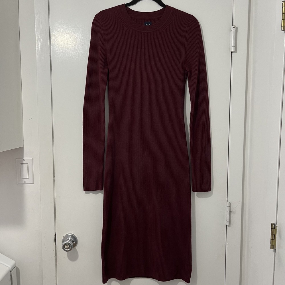 Gap Women Size S Tall Midi Sweater Dress Fitted Stretchy Deep Red Burgundy -C