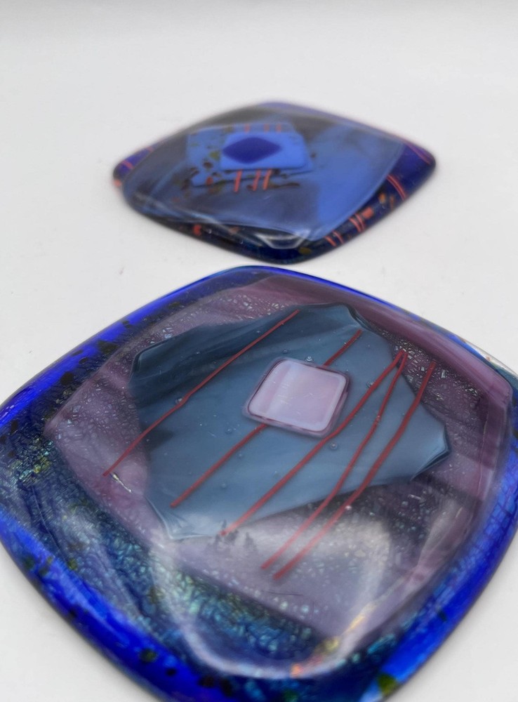 Pair of Signed Fused Glass Paperweights: Abstract Design