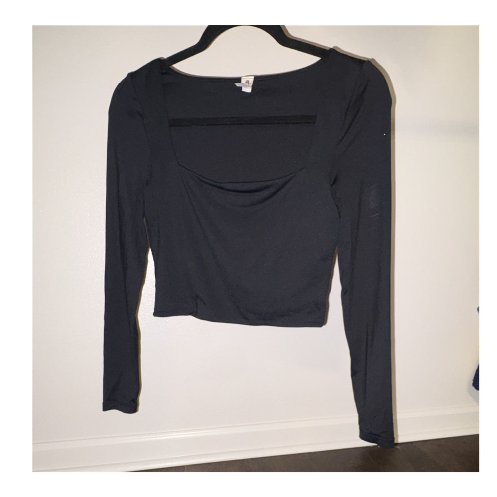 90 Degree by Reflex Knit Top Black Square Neck Long Sleeve Cropped S