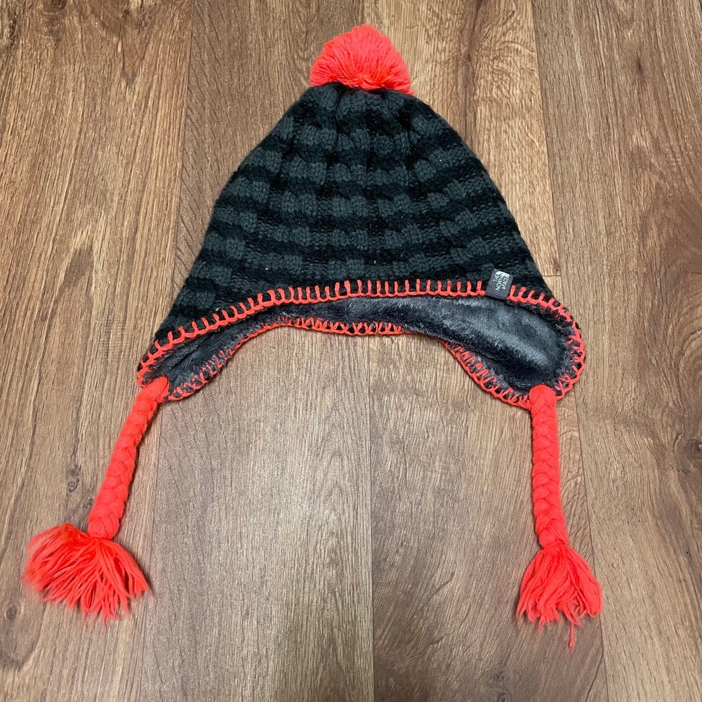 North Face Girls Fleece-Lined Crochet Beanie with Pom Pom Gray Coral Medium
