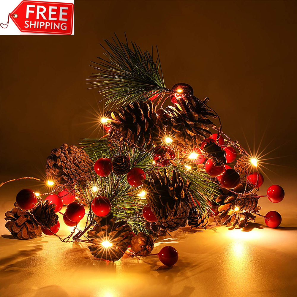 Christmas Garland with Lights, Red Berry Pine Cone 6.5FT 20 LED Garland Lights B