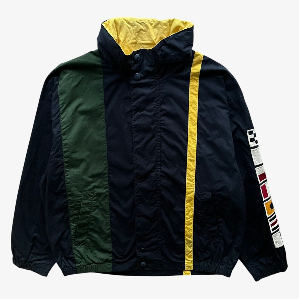 Vintage 90s Nautica Navy Green Yellow Striped Sailing Jacket Y2K Retro
