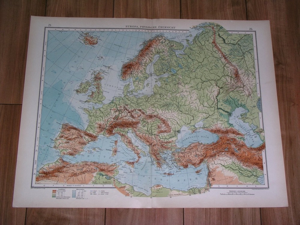1930 Vintage Physical Map Of Europe Germany France Italy Turkey Mountains Rivers