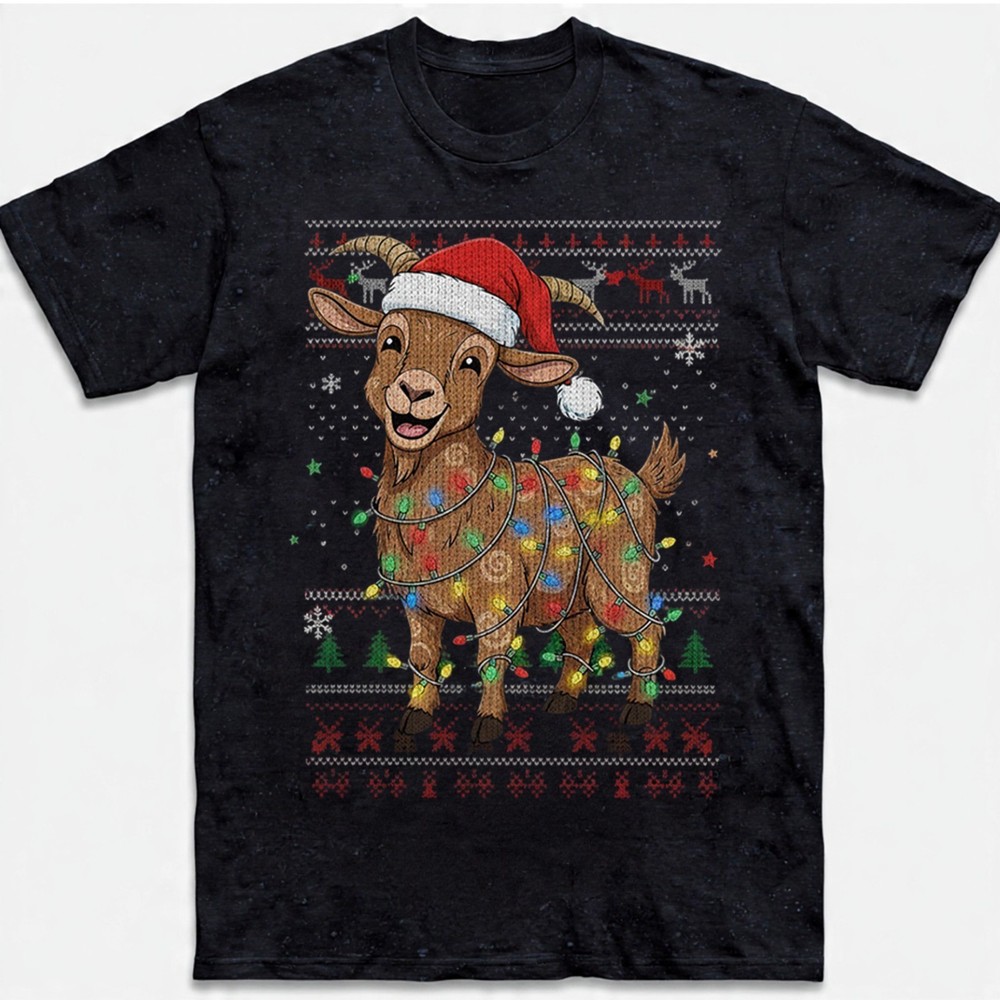 Christmas Goat T-Shirt Funny Santa Hat Lights Farm Animal Holiday Gift Sweater