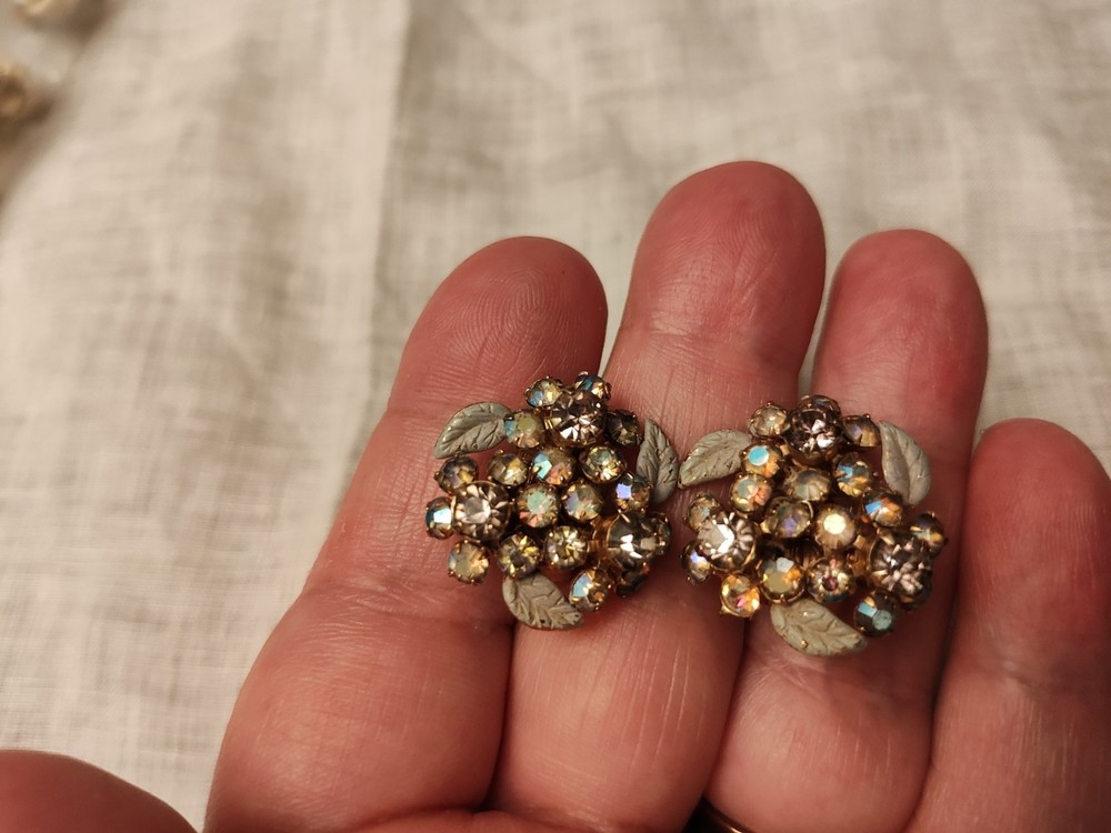 Vintage Weiss NY Purple Leaves & AB Rhinestone Clip Earrings Gold Tone