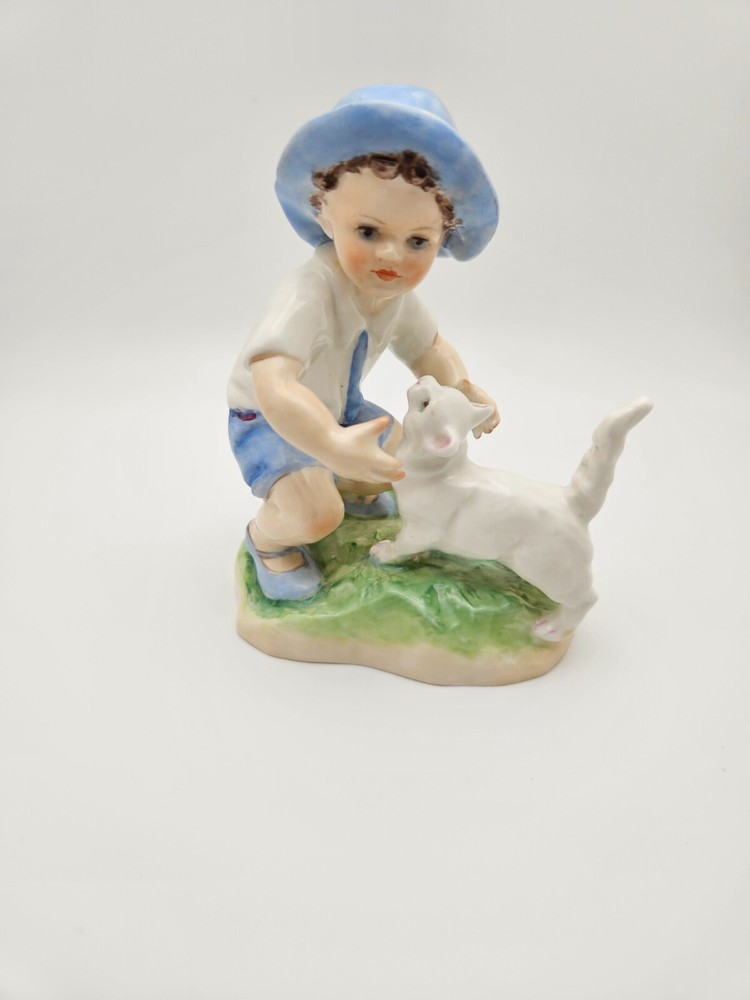 Royal Worcester  FG Doughty September 3457 Boy & Cat Figurine England Bone China