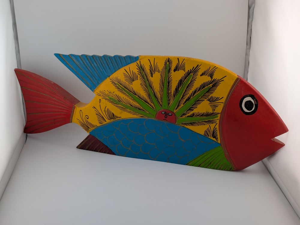 Mexican Folk Art Hand Carved And Painted Wood Fish W/ Sun And Palm Design 16”