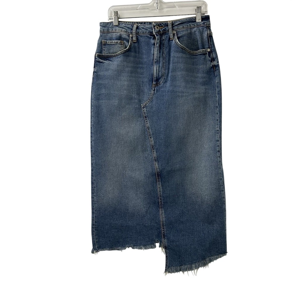 Pilcro Anthropologie Blue Denim Midi Skirt High Rise Asymmetrical Slit Size 10