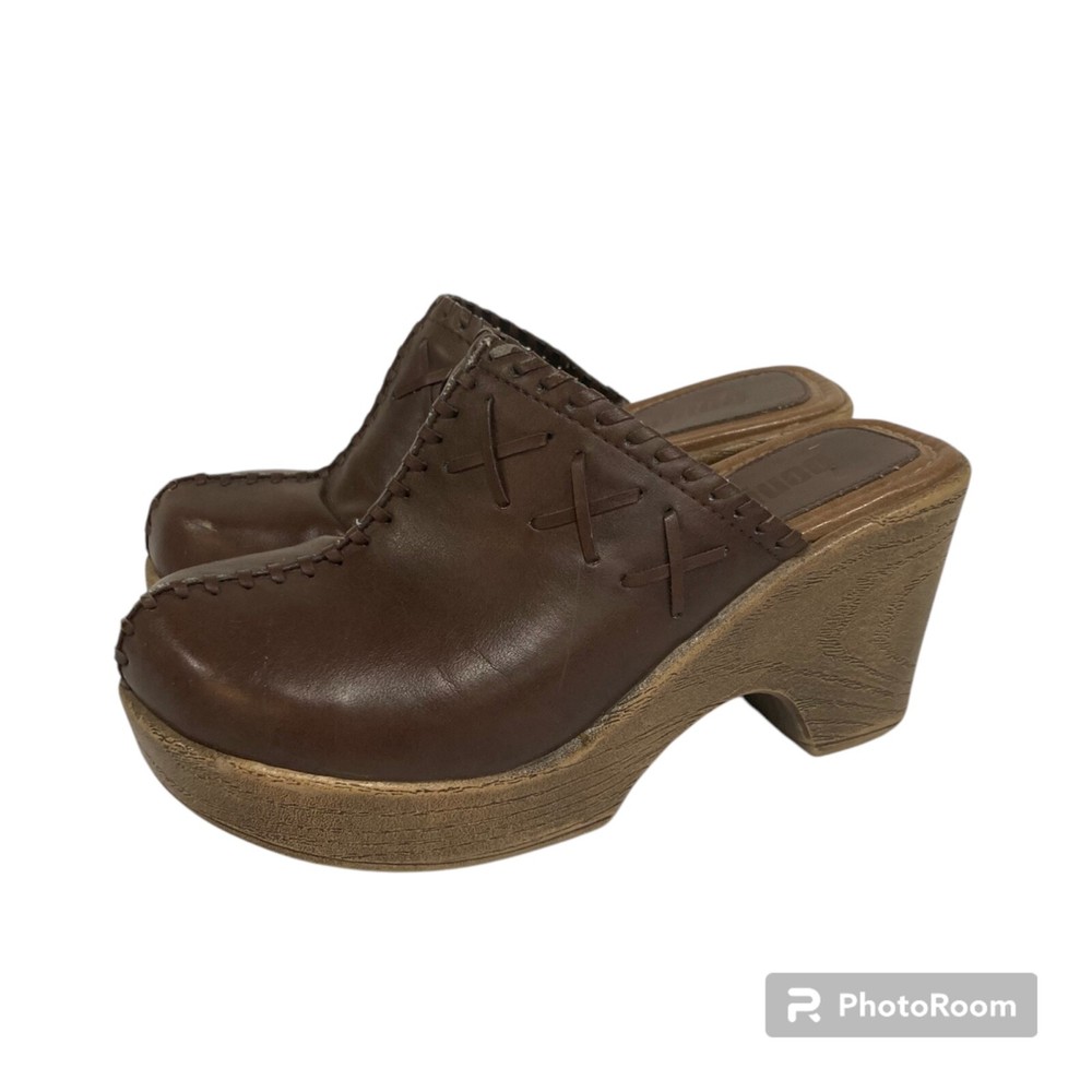 Y2K Vintage Bongo Clogs Mules Women's 5M Brown Chunky Heel Faux Leather