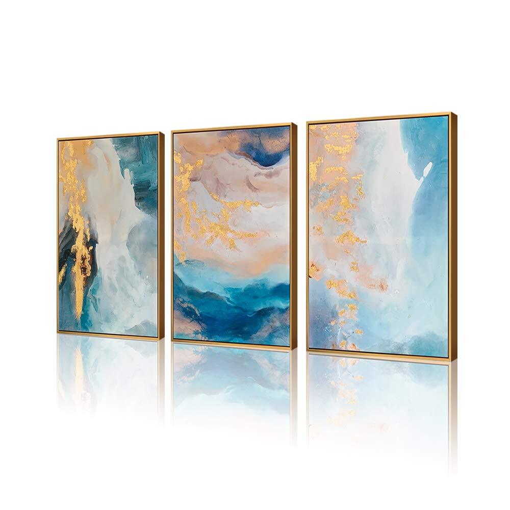 Teal Abstract Wall Art 3 Pieces with Turquoise Gold Marble Framed Art Wall De...-image
