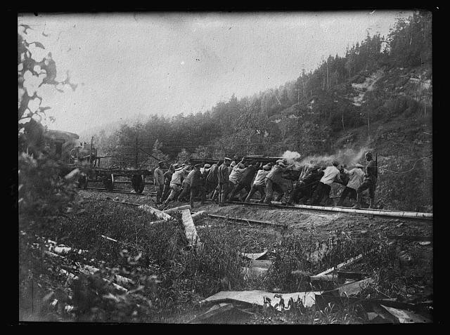 Photo:Red Cross Siberian Commission 1918-1920 Men Pulling Railcar Russia