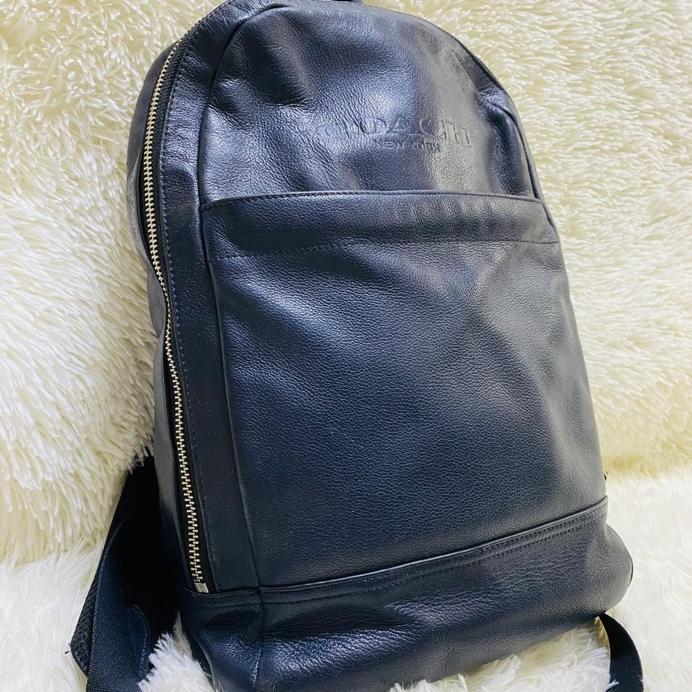 Coach Charles Navy Leather Backpack with Embossed Logo Pre-Owned