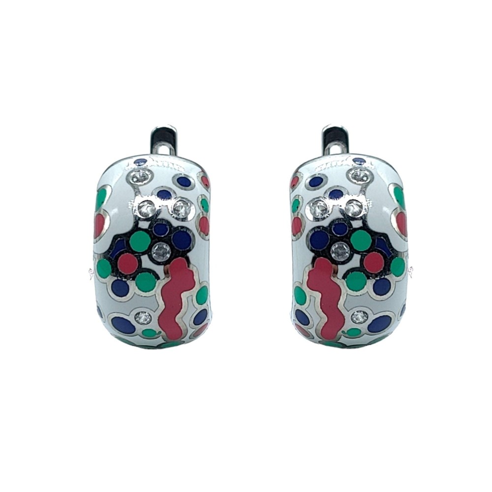 White Enamel 925 Silver Polka Dots Earrings Rhodium Plated Hoops Gift-15x10 mm
