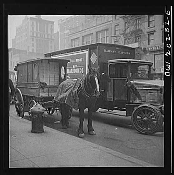 Photo:New York NY 1910s Horse Wagon Railway Express Truck Street Scene