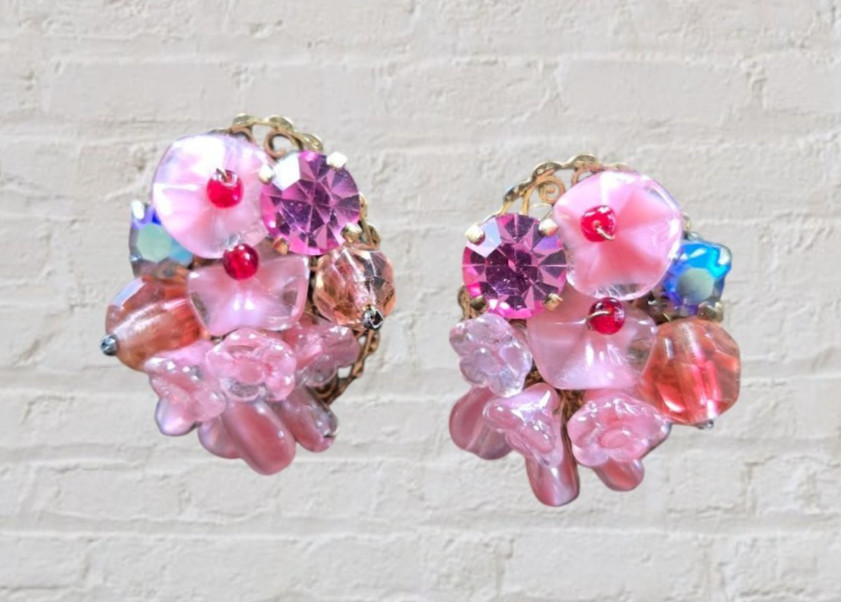 1950s Pink Clustered Lucite & Crystal Clip Earrings Next Day Shipping