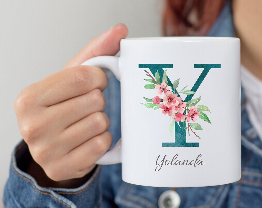Personalized Monogram Initial Name Mug Floral Alphabet Cup Birthday Gift