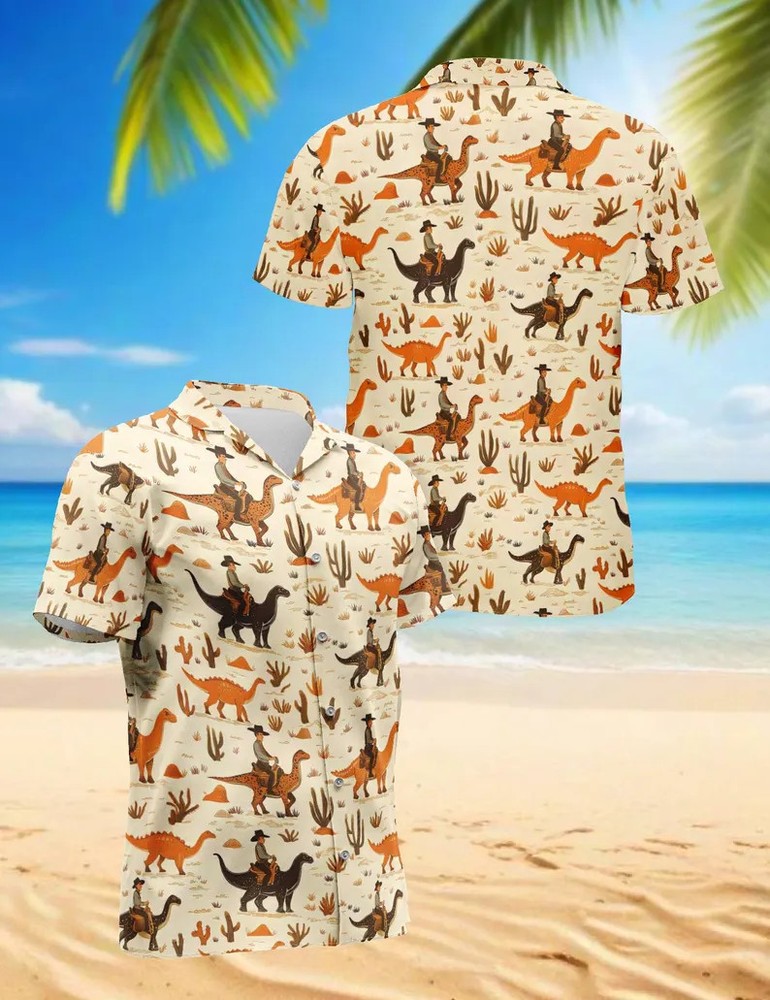 Cowboy Dinosaur Hawaii Shirt Funny Men Women Aloha Beach