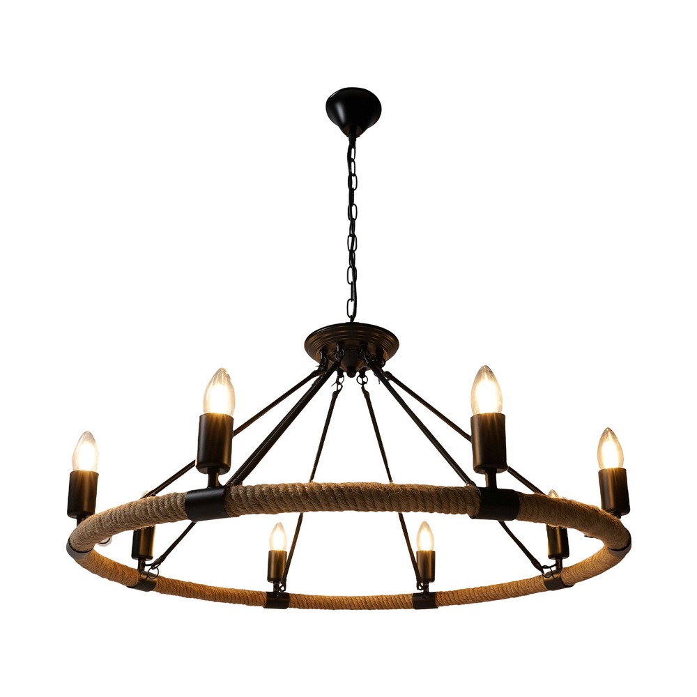 Vintage 8-Light Candle Chandelier with Hemp Rope Hanging Pendant Lamp Fixture