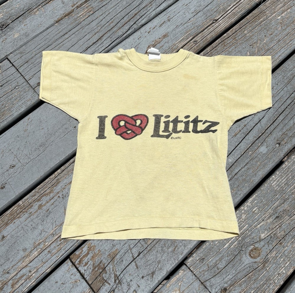 Vintage 70s I Love Lititz Pretzels Women's Baby Tee Shirt Youth Pastel Yellow