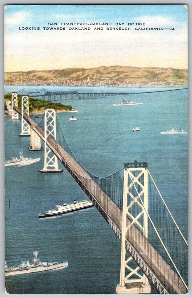 Vtg Linen Postcard Bay Bridge Aerial View Oakland & Berkeley, CA 1930s