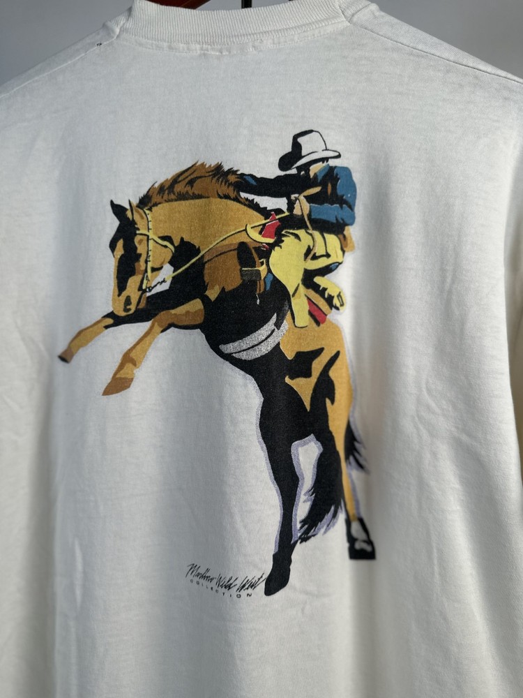 VTG Marlboro Cowboy Pocket T Shirt Mens XL White Wild West Horse 90s Cigarette