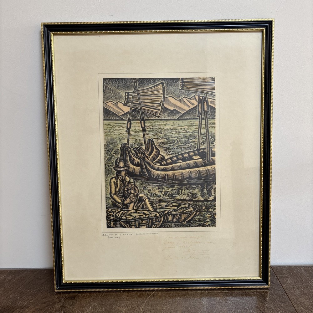Vintage Bolivian Woodcut Print Balsas del Titicaca Signed & Dated 1972 Framed