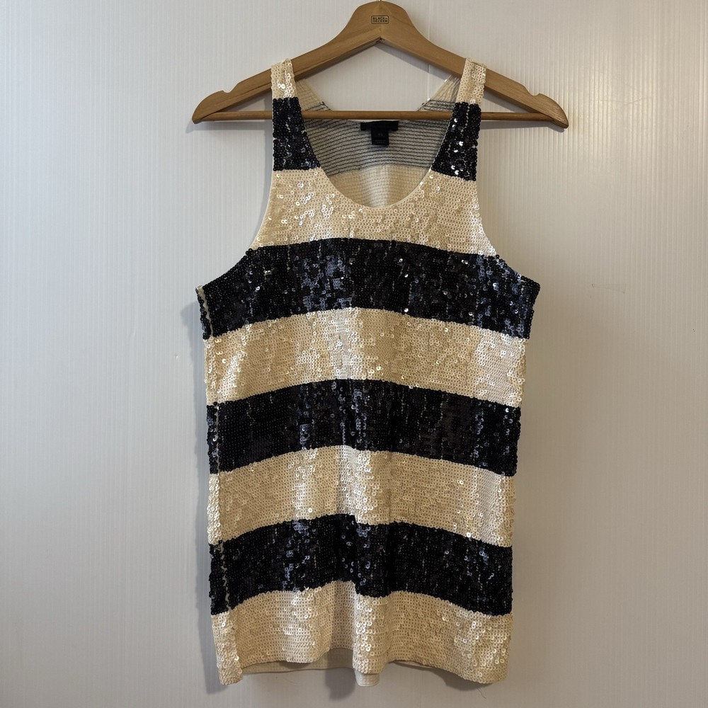 J. CREW COLLECTION Sequins Tank Top Cotton Sz XS Striped Ivory Black Women’s