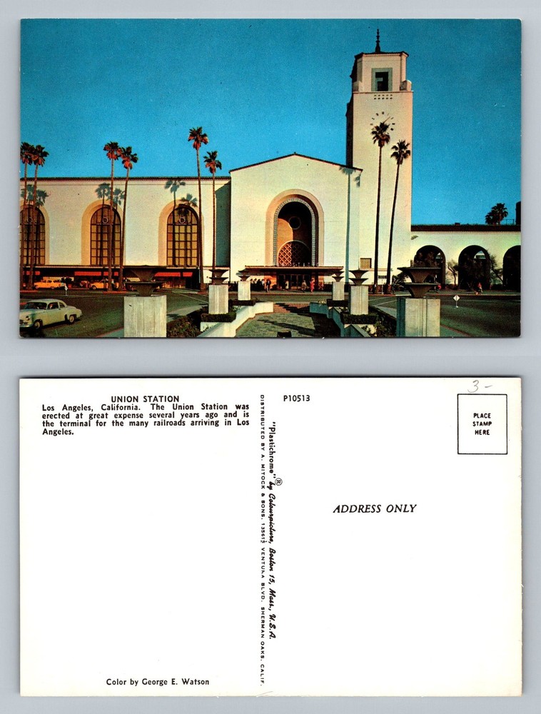 Los Angeles, CA-California, Union Station Palm Trees Entrance Vintage Postcard