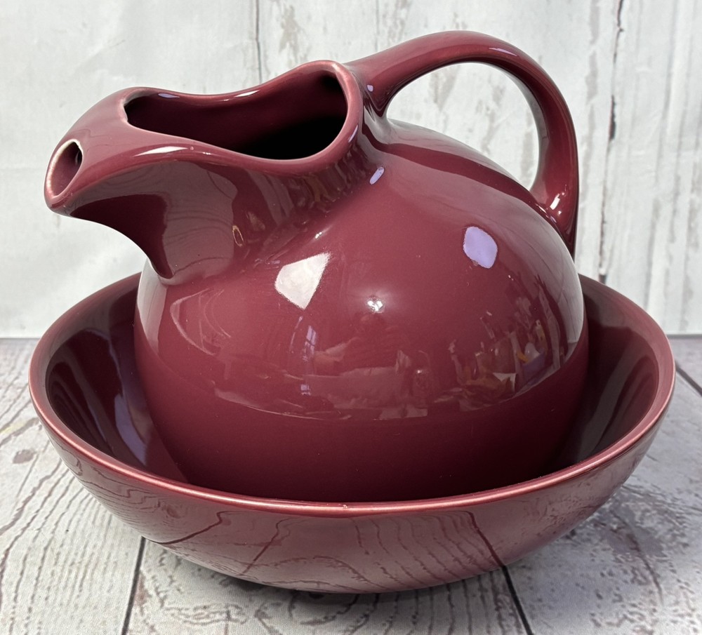 Vintage Hall Pottery Burgundy Bowl & Pitcher Set #633 & #1282