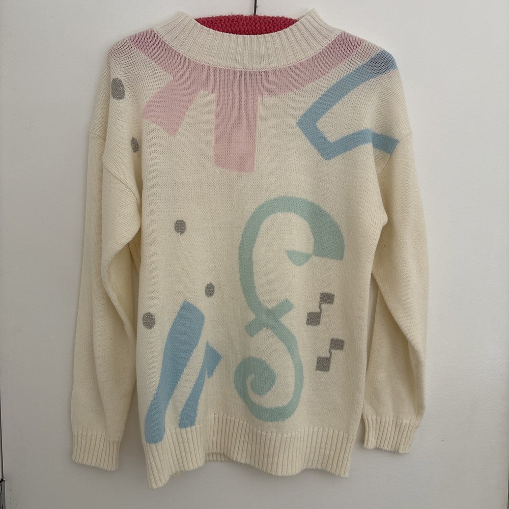 80s Vintage Graphic Pastel Knit Sweater Women’s Geometric Abstract Mod - Medium-image