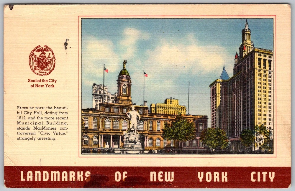 Vtg Linen Postcard City Hall Municipal Building New York, NY 1950s
