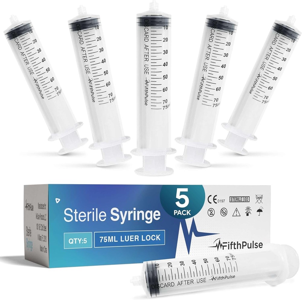 75ml Syringe Without Needle - 5 Pack Individually Wrapped Sterile Disposable Syringes