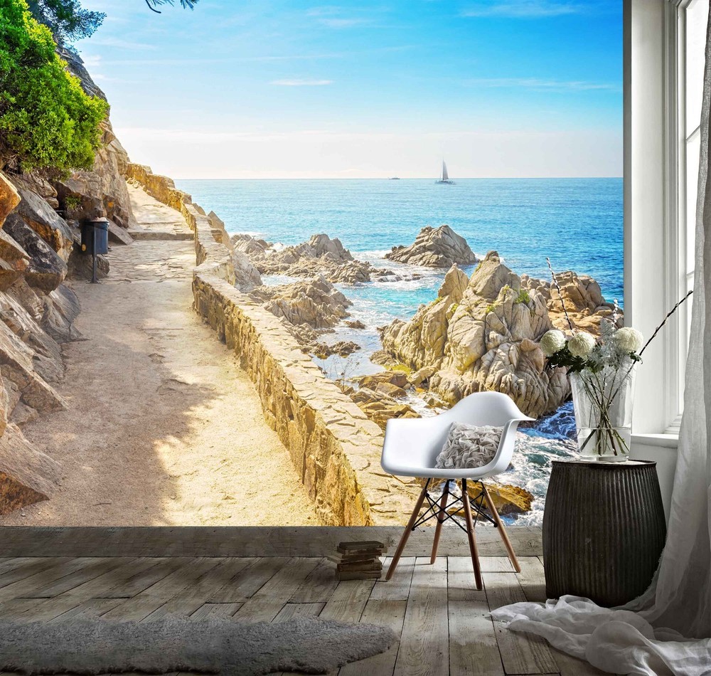 3D Sea Mountains Paths Landscape Wall Murals Wallpaper Murals Wall Sticker